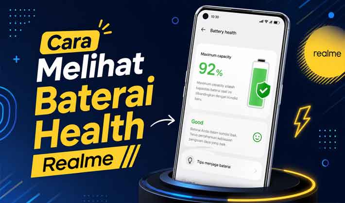cara melihat battery health Realme dengan tampilan smartphone dan indikator kesehatan baterai di layar.