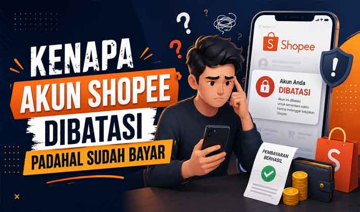 Ilustrasi modern akun Shopee dibatasi padahal pembayaran sudah berhasil dengan tampilan smartphone dan pengguna bingung