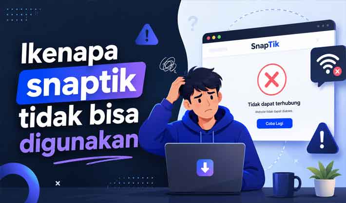 Ilustrasi modern seseorang bingung karena Snaptik tidak bisa digunakan di laptop dengan tampilan error koneksi dan ikon peringatan.